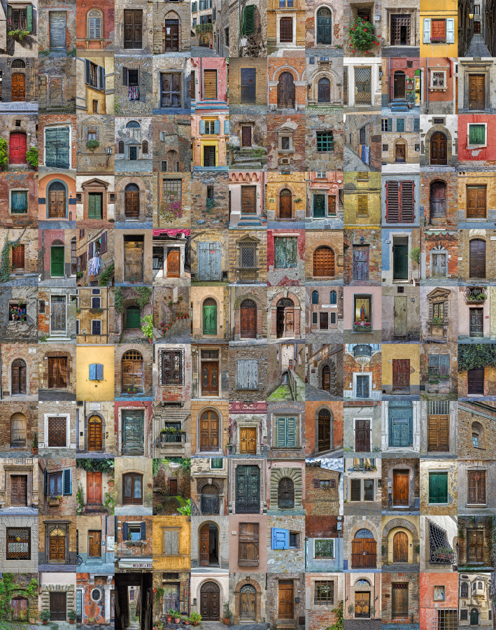 This is a 44W X 70D canvas image that is on stretcher bars. The print is a Giclée printed on canvas using pigment inks. There are 143 images of doors and windows from Florence, Montepulciano, Tuscany, Portovenere, Modena and Venice Italy.
Each image is individually created and then digitally made into a collage by hand and then printed by the artist.

Custom sizes, finishes and canvas available. Please contact us for further information. Unless otherwise noted the image floats on the printed sheet. A paper white border (approx. 2 inches on all sides) will be around the entire image.