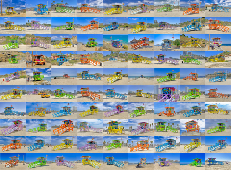 Lifeguard Collage of all the towers from the Ventura county line to just south of Marina Del Rey. Taken during the Summer of Color eventl. The image 48 X 36 image plus border. This is an archival print on archival paper. This is a limited edition.